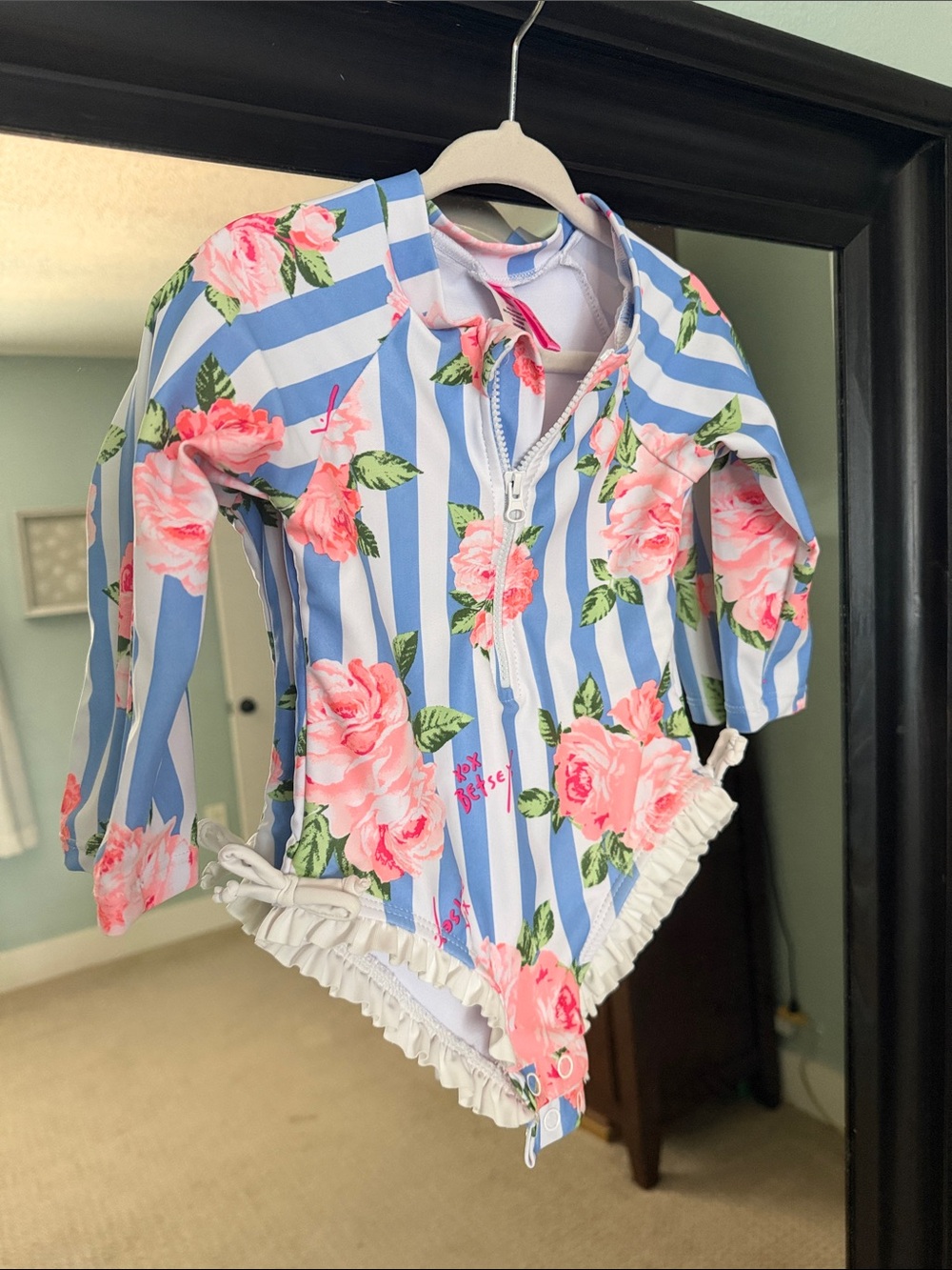 Betsey Johnson Girls Blue Stripe & Pink Floral Long-Sleeve Swimsuit